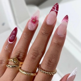 BABALAL Press on Nails Medium Almond Fake Nails Purple Glue on Nails 3D Flower Handmad White Acrylic Nails 24Pcs Stiletto Artificial Nails Ombre French Tip Glossy Full Cover Nails for Women Girls