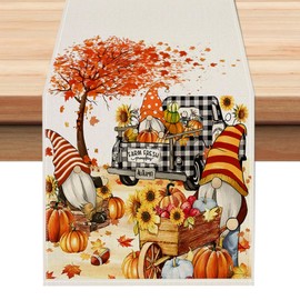ZCHOMI Fall Gnomes Pumpkin Table Runner 13x72 Inch Buffalo Plaid Truck Sunflower Maple Leaves Thanksgiving Seasonal Autumn Harvest Kitchen Dinning Table Decoration for Home Party Decor