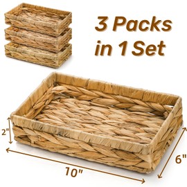 Eorbow 3 Packs Wicker Storage Trays, 10" Rattan Vanity Trays, Handwoven Toilet Paper Holder for Bathroom Towel, Rectangular Water Hyacinth Organizer for Countertop, Tank Topper, Pantry, Shelves