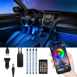 Bluetooth Ambient Lighting for Cars, Tasmor RGB, LED Interior Lighting with App Controllable, Dimmable, Waterproof Footwell Lighting, Auto Tuning with Remote Control, 12V, Syn with Music