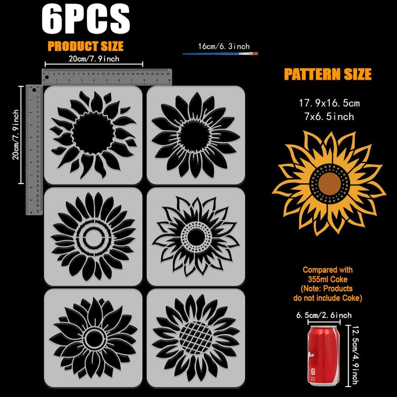 FINGERINSPIRE 6 Pcs Sunflower Painting Stencil with Brush 20x20cm