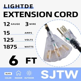 GREATIDE 6 Ft Lighted Outdoor Extension Cord with 3 Electrical Power Outlets - 12/3 SJTW Heavy Duty Black Extension Cable with 3 Prong Grounded Plug for Safety, UL Listed