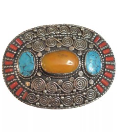 TDbN Belt Buckle Oval Inlaid Stones Turquoise Coral Lapis German Silver 3.75 x 2.75"