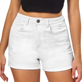 VIPONES Women Denim Shorts High Rise Trendy Stretch Frayed Summer Casual A Line Jean Shorts White, Size 14