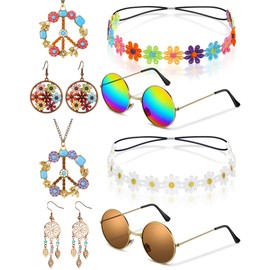 Kenning 8 Pcs Hippie Costume Set 60s 70s Party Accessories Hippie Set Including Round Sunglasses Elastic Rhinestone Headband (Vivid)