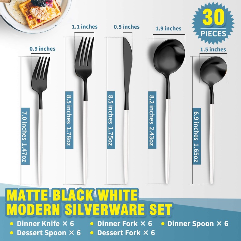 Lemeya Matte Black White Silverware Set for 6,Modern Stainless Steel