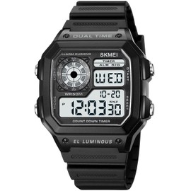 PASOY Mens Womens Sports Watch Rubber Watchband Multi-Function Alarm Stopwatch Countdown Backlight Swim Digital Waterproof Outdoor Black Watch