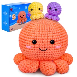 Kit de ganchillo para principiantes, Amigurumi de animales de ganchillo con tutoriales de video paso a paso, paquete de inicio de tejer para adultos y niños, Jumbo 3 pulpo encajable Familiar (40% más