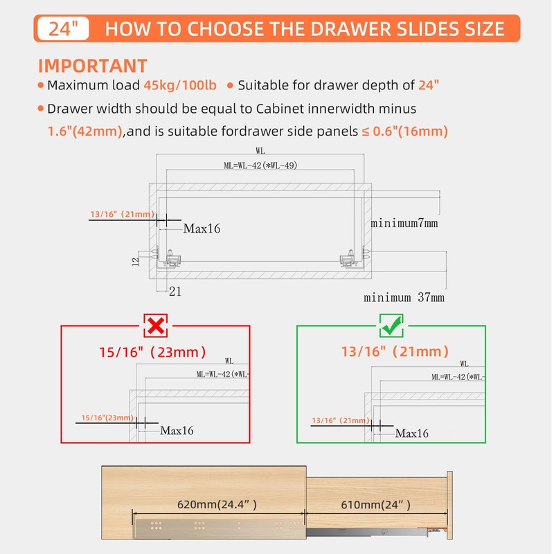 PHWALK 24 Inch Soft Close Undermount Drawer Slides, Concealed Drawer