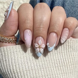 Summer Press On Nails Medium Almond Fake Nails Nude Pink French Tip False Nails With 3D Flower Pearl Desins Flower Nails Press Ons Full Cover Glossy Spring Stick On Nails For Women 24Pcs
