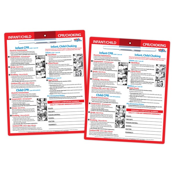 Infant and Child CPR and Choking Magnets (2 Pack) - First Aid Quick Reference Card for Children - Emergency Phone Numbers - Laminated with Magnets, Marker - 8.5 x 11 in.