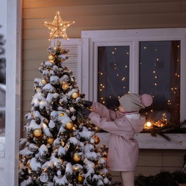 WHOLEV Rose Gold Christmas Tree Topper, 8 Inch Rose Gold Wire Glitter Tree Toppers, 20 LED Lights Lighted Star Tree Topper Star Xmas Tree Topper Holder for Christmas Tree Home Deco Bar Holiday Party