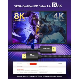 IVANKY 8K DisplayPort 1.4 Cable (6.6ft) – VESA Certified, Supports 8K@60Hz, 4K@144Hz, 2K@240Hz, HBR3, HDR, FreeSync & G-Sync – Braided Cable for Gaming Monitors, PCs, and Graphics