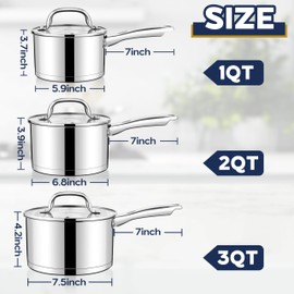 LIANYU Stainless Steel Saucepan with Visible Lid, 1QT & 2QT & 3QT Sauce Pan Sets, Multi-Purpose Small Induction Cooking Pots for Home Kitchen, Healthy & Non-Toxic, Oven & Dishwasher Safe