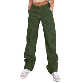 Viatabuna Women's High Waist Straight Leg Y2K Streetwear Cargo Pants Baggy Boyfriend Jeans with Pocket Green