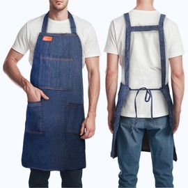 Makerfire Denim Apron with 4 Pockets, Chef Cooking BBQ Apron for Men/Women, Canvas Lightweight Baking/Shop/Bartender/Grilling Apron for Woodworking, Chef, Hairstylist, Kitchen (Blue)