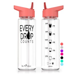 Be-Active Motivational Water Bottle with Straw – With Time Markings - Times to Drink – Tracker - BPA Free (Coral)