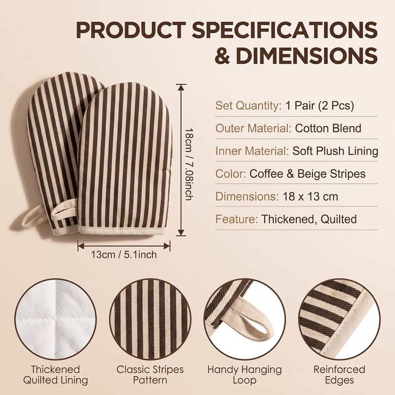 1 Pair Coffee Cotton Heat Resistant Striped Mini Oven Mitts
