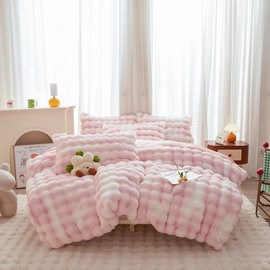 chovy Pink White Rabbit Plush Faux Fur Bread Grid Comforter Sets Queen - 3PC Bed Set Ultra Warm Soft Skin Friendly Flannel Velvet Fluffy Fuzzy Bedding（Comforter x 1 Pillowcases x 2）
