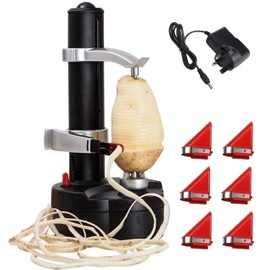 Automatic Electric Potato Peeler, Rotating Apple Peeler, and Fruit/Vegetable Cutter with 6 Replaceable Blades, Powered by 4 AA Batteries (Not Included) or 6V Adapter Charger (Included)