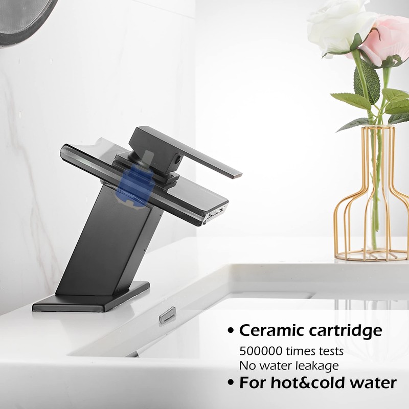 Bathroom Black Faucet Waterfall LED Glass Spout with Overflow Drain