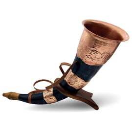 Viking War Horn, 16-Inch Copper and Ox-Horn Battle Trumpet with Wooden Stand, Decorative Engraved Design