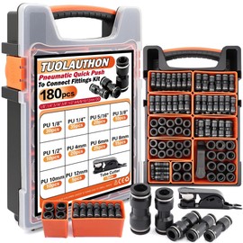 180PCS Air Hose Push to Connect Fittings Kit, 1/8",1/4",5/16",3/8",1/2" & 4,6,8,10,12mm OD Pneumatic Air Line Quick Connect Assortment with Tube Cutter for Air Compressor, Workshop, Auto