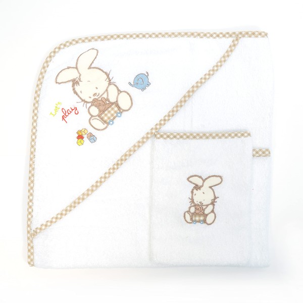 Baby Towel With Hood Wash Mitt Set Newborn Embroidered Bath Pack Gift Boy Or Girl 100% Turkish Combed Cotton (Rabbit)