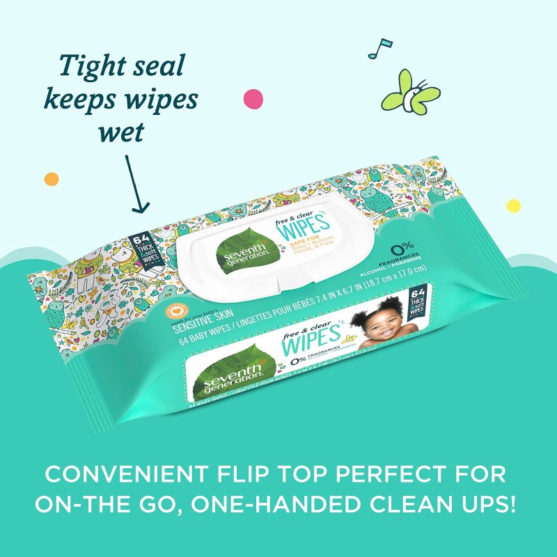 Seventh Generation Baby Wipes Unscented 64 Count Gentle Hypoallergenic Care