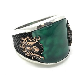 KAR 925K Stamped Sterling Silver Emerald Agate Coat of Arms Ottoman Men's Ring K6B (8.25)