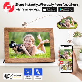 Frameo 10.1Inch Digital Photo Frame with 32GB Memory WiFi Wood Electronic Photo Frame Touch Screen, Auto Rotate, Easy Setup and Share Photos or Videos via Frameo APP