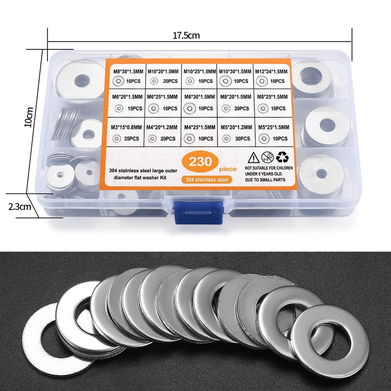230 Pcs Large Flat Washer Set, Stainless Steel Washers, Lock