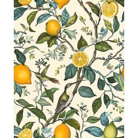 PODUFF Vintage Lemon Wallpaper Peel and Stick, Botanical and Hummingbirds Wallpaper for Home Decor, Green/Yellow, 17.7in x 118in