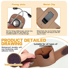 Leather Stethoscope Holder Hip Clip, Stethoscope Hip Holder for Waist Belt, Lightweight Clip-on Stethoscope Holder for Physicians Nurses, Brown