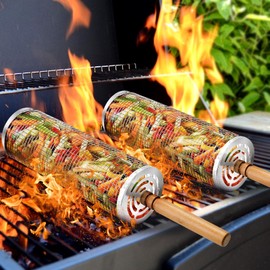 Grill Baskets (2PCS)304 Stainless Steel Removable Wooden Handle Rolling Grilling Net BBQ Accessories Tools for Vegetables Shrimp