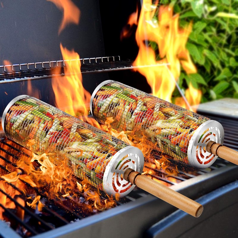 Grill Baskets (2PCS)304 Stainless Steel Removable Wooden Handle Rolling Grilling