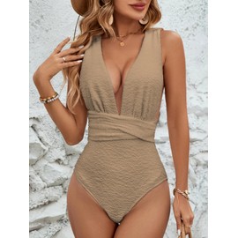 MOLYBELL Women's Plunge 0ne Piece Bathing Suit Deep V Neck Swimsuits Crisscross Wrap Tie Monokini High Waisted Tummy Control Swimwear (Grey, Large)