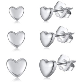 Cangall Silver Stud Earrings for Women, 925 Sterling Silver Heart Stud Earrings Set, 3 Pairs Simple Flat Silver Stud Earrings, 4/5 / 6mm Hypoallergenic Cartilage Sleeper Silver Heart Earrings