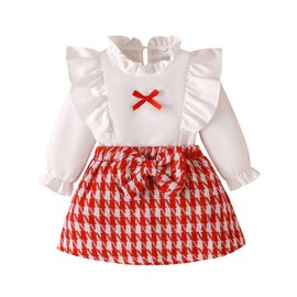 Coaturi Baby Girl Clothes Sets: 2 Piece Ruffle Sleeve Bowkont Shirts Mini Skirt Fall Winter Outfits for Toddler 9-48 Months(Red, 3-4Years)