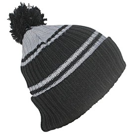 Best Winter Hats Quality Striped Beanie with Solid Cuff & Matching Pom - Black/Gray
