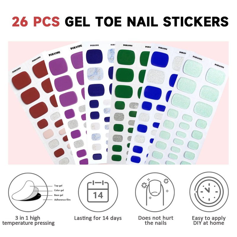 DUKASOU Semi Cured Gel Toe Nail Strips,26 Pcs Toes Nail
