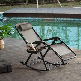 Outsunny Zero Gravity Reclining Lounge Chair Patio Folding Rocker w/Side Tray Slot Backrest Pillow Cup Phone Holder Grey