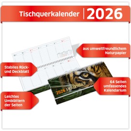 PRIMUS PRINT Desk Calendar 2026 Landscape Weekly Calendar - 64 Pages Appointment Calendar and Annual Calendar - 297 x 130 mm - 75 g Natural Paper, Wire Comb Binding, Holidays and School Holidays