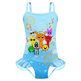 Girl Kids Music Game One Piece Swimwear Bathing Suit Cartoon Swimsuit Beach Blue