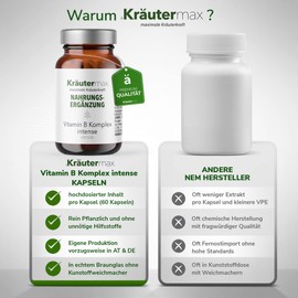 Kräutermax Vitamin B Complex Vitamin B Capsules High Dose B Complex with Vitamin B12, B9, B7, B6, B5, B3, B2, B1 B Complex Vegan According to Original Herbal Max Formula 1 x 60 Pieces