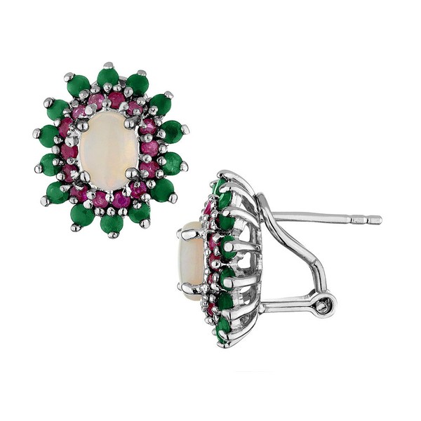 Emerald, Ruby and Created Opal Earrings 2.45 Carats (ctw) in