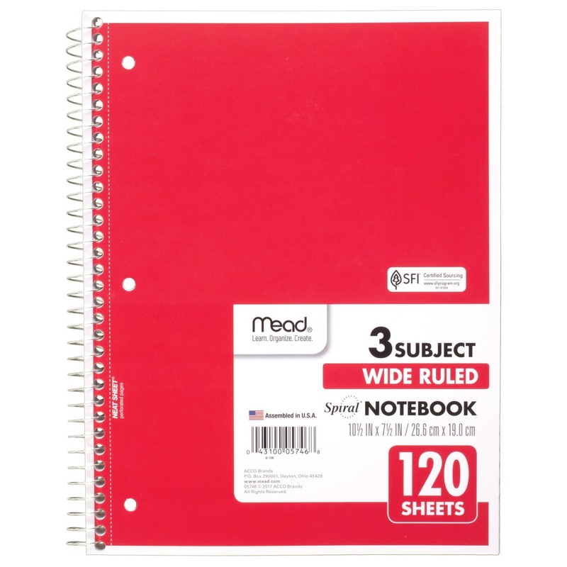 Mead Spiral Notebook, 3 Subject, Wide Ruled Paper, 7-1/2" x