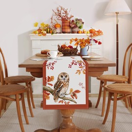 Bonhause Fall Squirrel Owl Table Runner 13x90 Inch Autumn Leaves Thanksgiving Kitchen Dining Table Decoration for Indoor Outdoor Home Party Decor