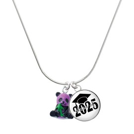 Delight Jewelry Resin Purple Panda Bear Script Class of 2025 Dome Charm Necklace, 18"