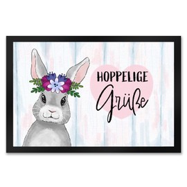 Hoppelige Greetings XXL doormat in 50 x 75 cm with cute Easter bunny and flowers as a beautiful decoration for Easter for the front door to welcome the visit in an Easter way